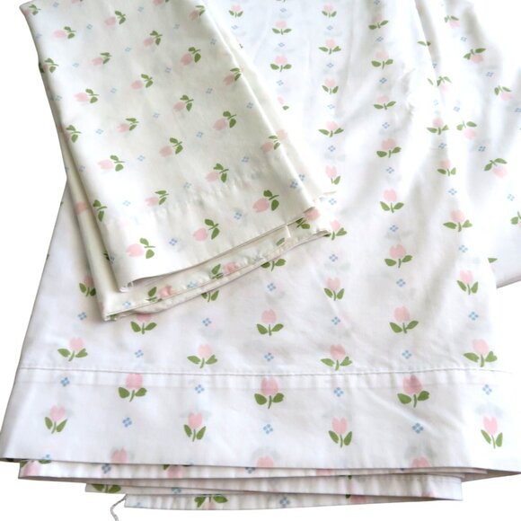 Vintage Double Flat Sheet Standard Pillowcase Set Pink Tulips Made In USA - Picture 6 of 11